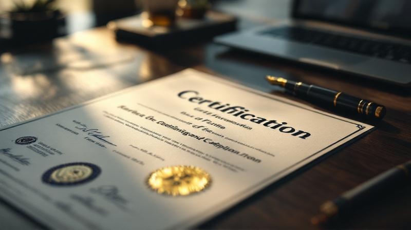 Zertifizierungsurkunde eines Bildungsträgers mit Siegel und Unterschrift auf Schreibtisch