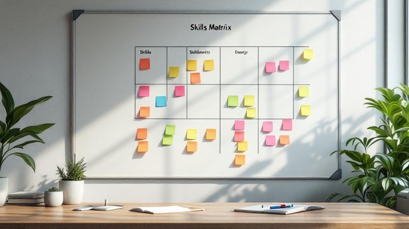 Whiteboard mit Skill-Matrix und farbigen Markierungen in einem Besprechungsraum
