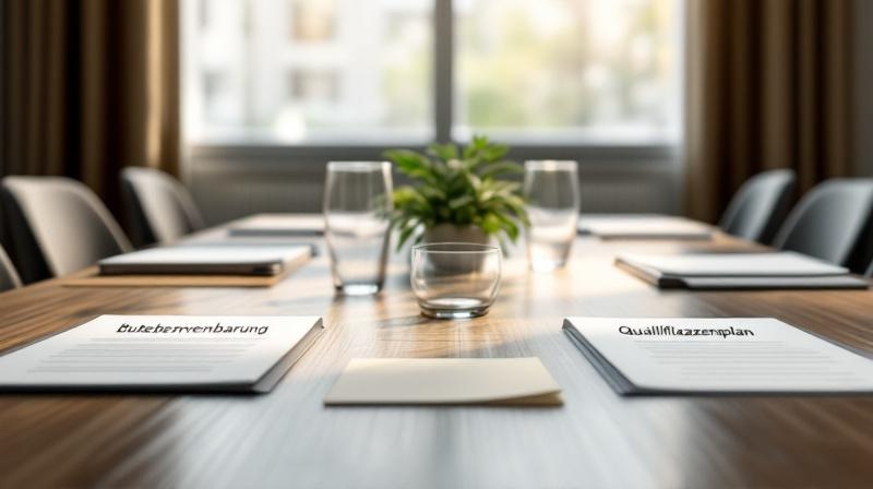 Besprechungstisch mit Unterlagen zu Betriebsvereinbarung und Qualifizierungsplan