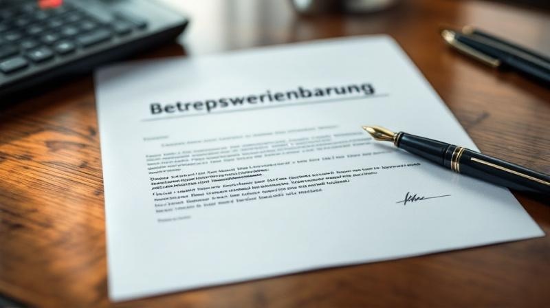 Schriftstück mit der Aufschrift Betriebsvereinbarung neben zwei Kugelschreibern und einem Unterschriftsfeld