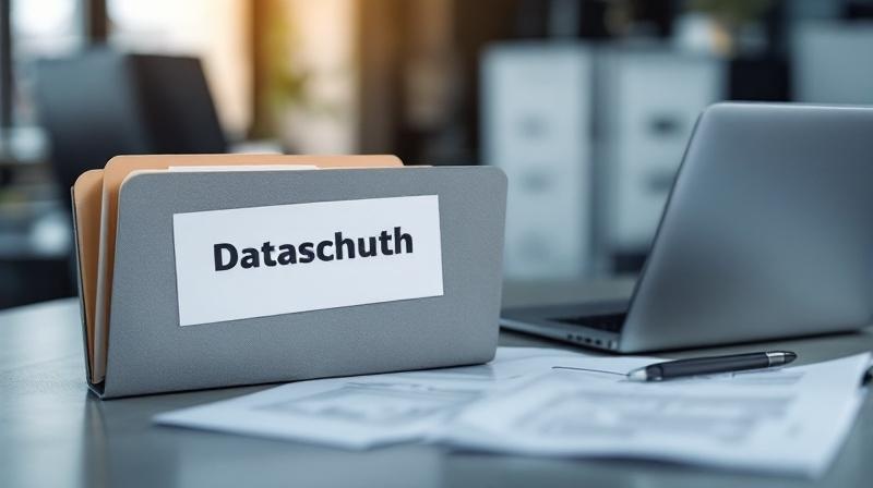 Aktenordner mit Datenschutz-Aufdruck neben Laptop und abschließbarer Aktenlade