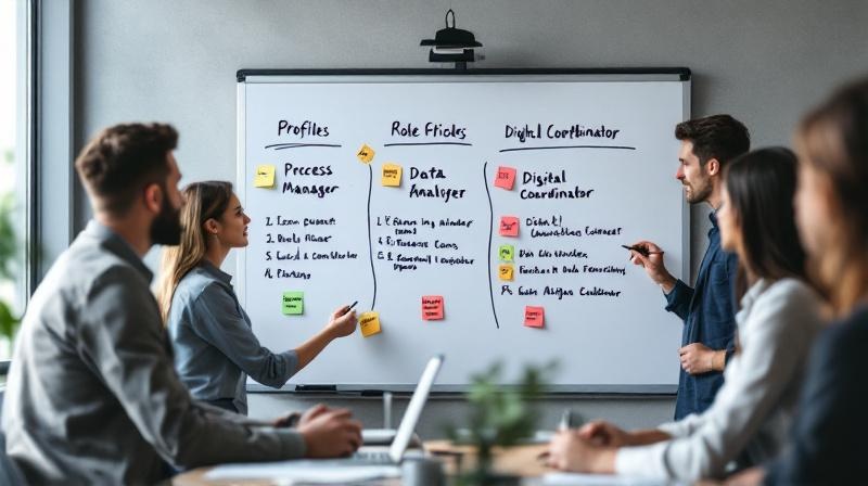HR-Team mit Whiteboard und Rollenprofilen für Prozessmanager, Datenanalyst, Digital Coordinator