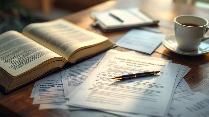 Schreibtisch mit aufgeschlagenem Gesetzbuch zum Kündigungsschutzgesetz und einem Formular der Agentur für Arbeit