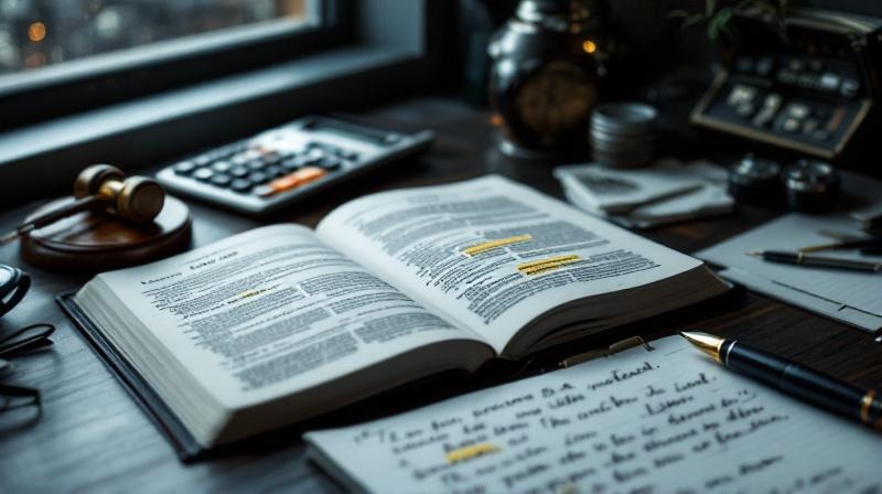 Geöffneter Gesetzestext mit Markierungen auf einem Schreibtisch mit Taschenrechner und Notizen