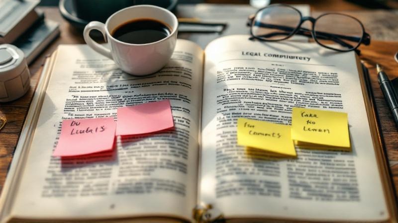 Aufgeklappter Gesetzeskommentar mit Markierungen neben einem Notizbuch und einer Tasse Kaffee