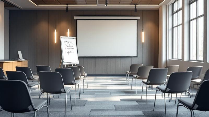 Schulungsraum mit Flipchart, Projektionsfläche und Stuhlreihen in einem Unternehmen