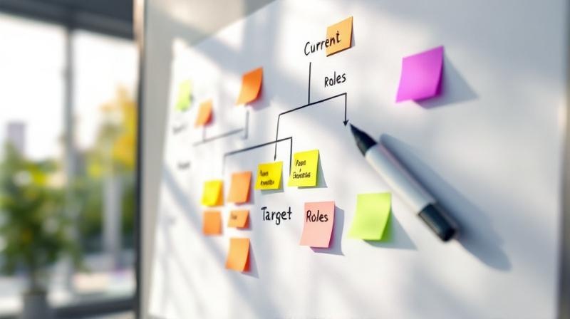 Organisationsdiagramm mit farbigen Pfeilen zwischen bestehenden und neuen Stellen