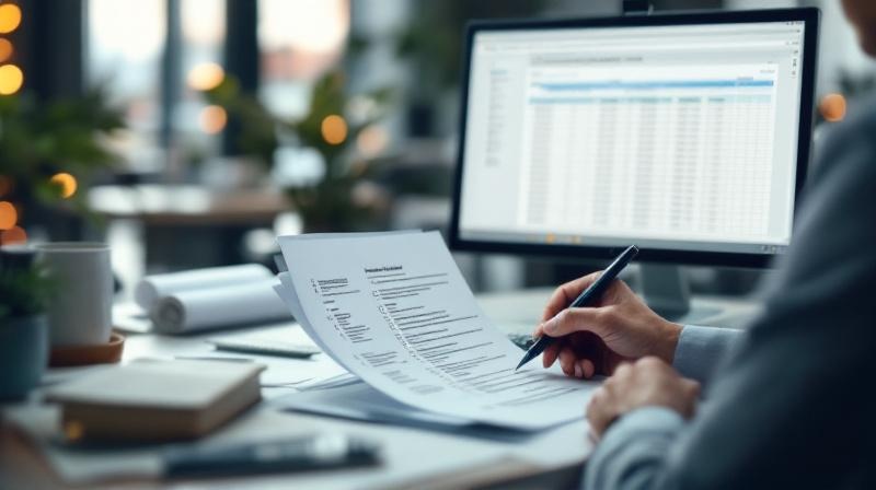 Sachbearbeiterin der Agentur für Arbeit prüft Antragsunterlagen am Computer mit Checkliste
