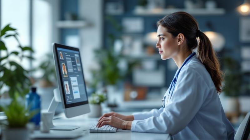 Medizinische Fachangestellte am modernen Praxis-PC mit elektronischer Patientenakte