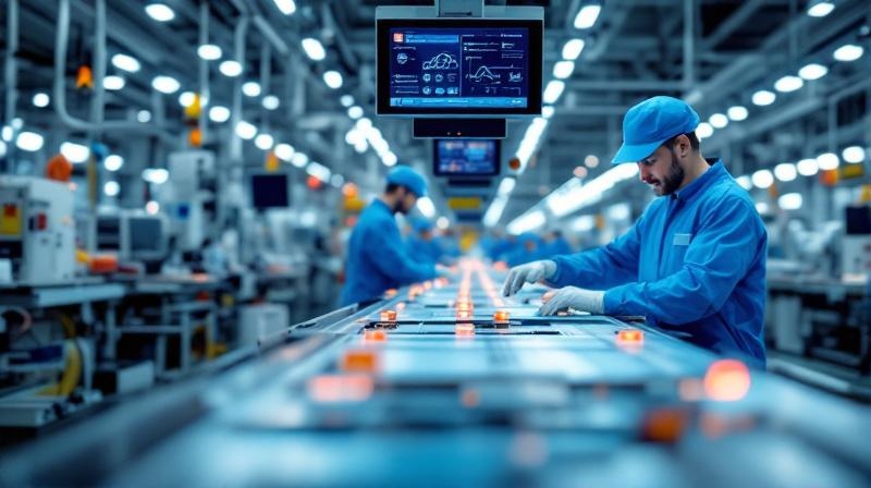 Moderne Montagelinie in einem Automobilzulieferwerk mit digitalen Werkerassistenzsystemen