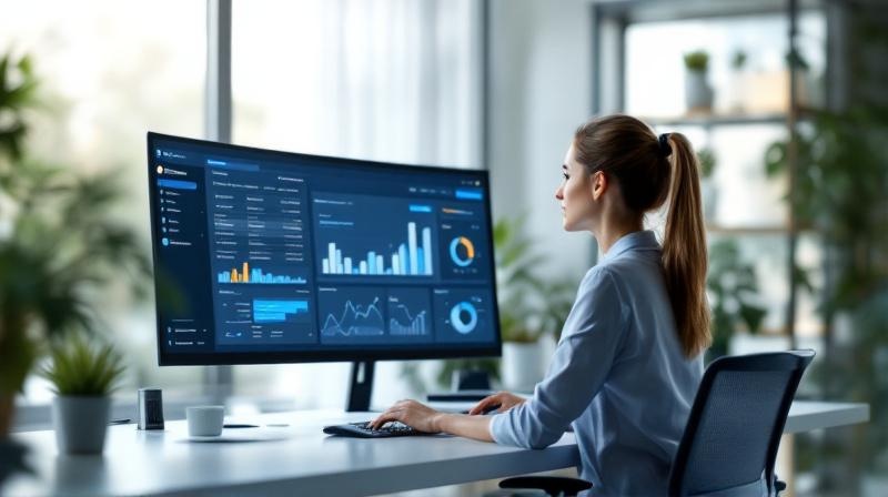 Bankberaterin am modernen Arbeitsplatz mit KI-gestütztem Analysewerkzeug auf Bildschirm