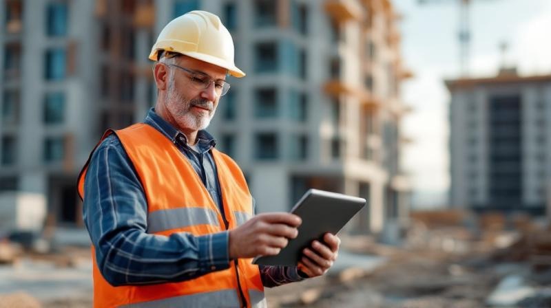 Bauleiter auf einer Baustelle mit Tablet und BIM-Modell