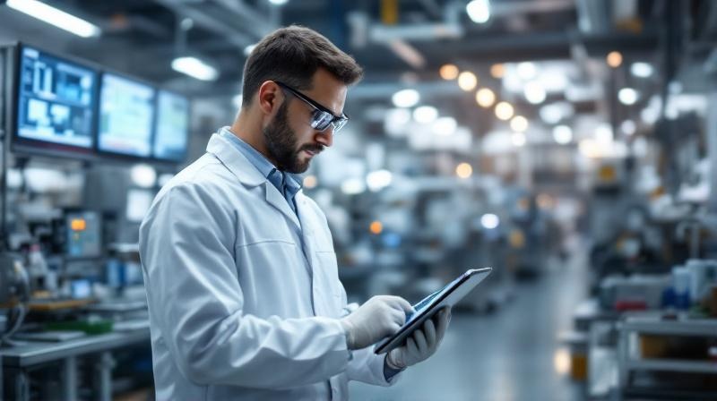 Laborumgebung in einem Pharmaunternehmen mit Mitarbeitern in Schutzkleidung