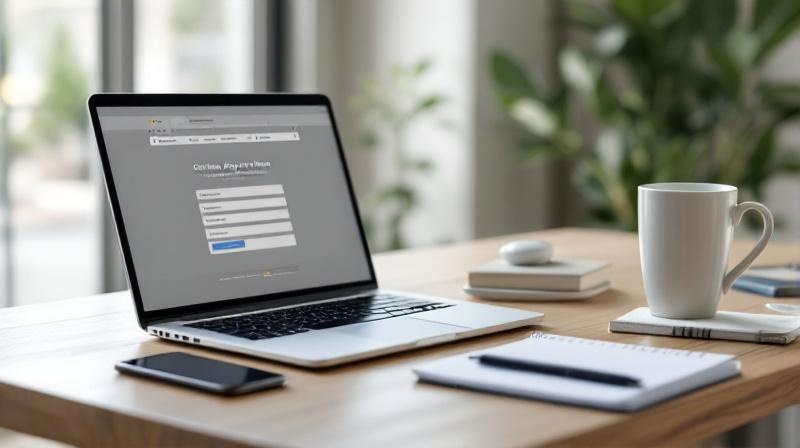 Laptop mit geöffnetem Antragsportal, daneben ein Notizbuch und eine Kaffeetasse