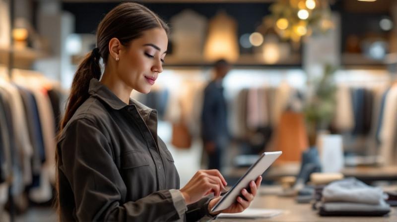 Verkäuferin im digitalisierten Fachgeschäft mit Tablet und Kundendaten