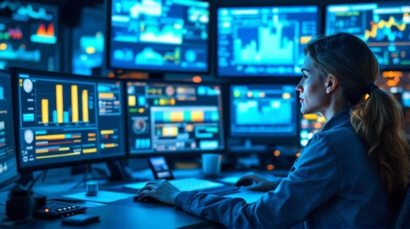 Mitarbeiterin eines Energieversorgers vor Leitstand-Dashboards mit Netzdaten