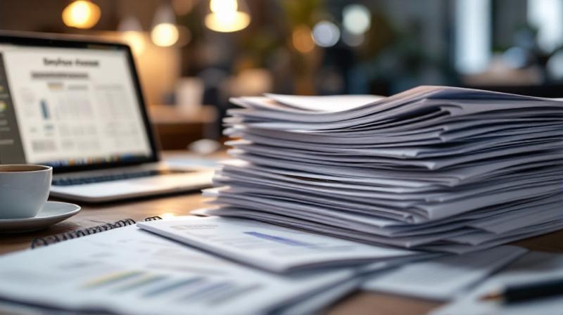 Stapel von Teilnahmeunterlagen neben einem Laptop mit Antragsformular auf dem Schreibtisch