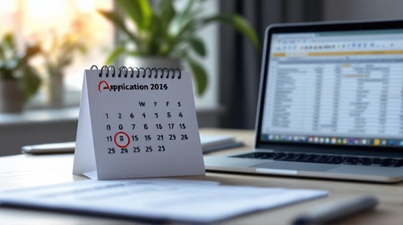 Kalender mit Markierung auf einem Schreibtisch neben einem Antragsformular und Laptop