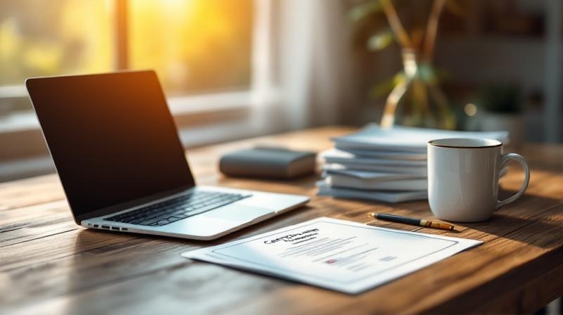 Schreibtisch mit Kursunterlagen, Zertifikaten und Laptop einer betrieblichen Weiterbildung