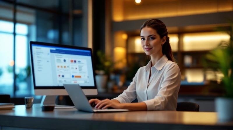 Hotelmanagerin an der Rezeption mit Laptop und digitalem Gästemanagement