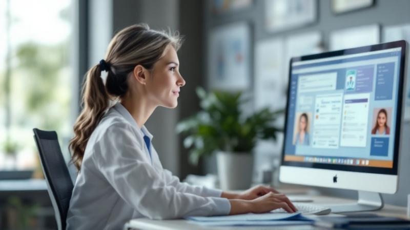 Mitarbeiterin in der Verwaltung einer Pflegeeinrichtung am PC
