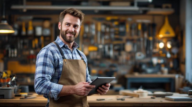 Handwerksmeister in einer modernen Werkstatt mit digitalem Tablet und Werkzeugwand