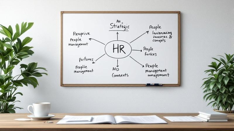 Strategisches HR-Whiteboard mit Verbindungslinien zwischen Rekrutierung, Entwicklung und Bindung