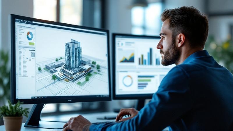 Ingenieur vor Doppelmonitor mit 3D-CAD-Modell eines Bauwerks und BIM-Koordination