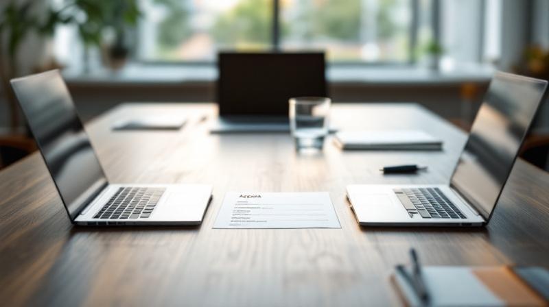 Besprechungstisch mit Agenda, Notizblock und Laptops, bereit für eine Entscheidungssitzung