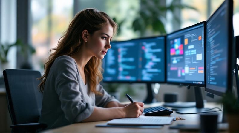 IT-Entwicklerin am Schreibtisch mit mehreren Monitoren und Notizblock