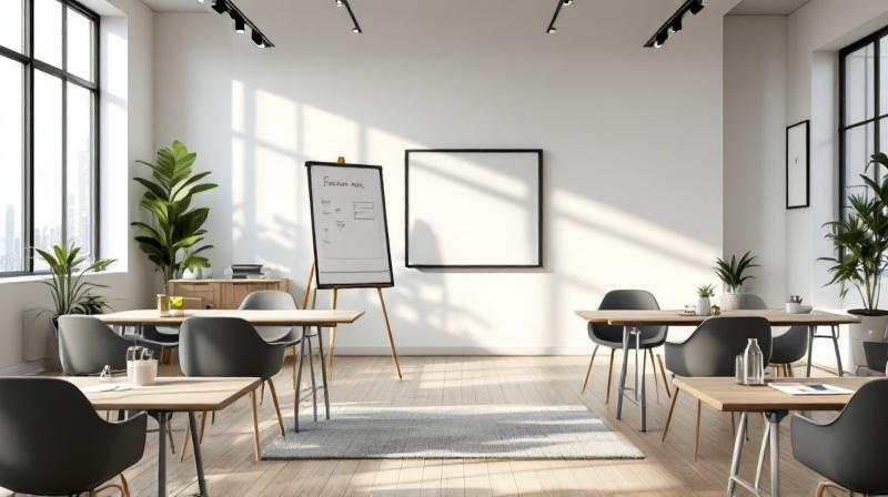 Offene Tür zu einem hellen Besprechungsraum mit Flipchart und Stühlen in U-Form