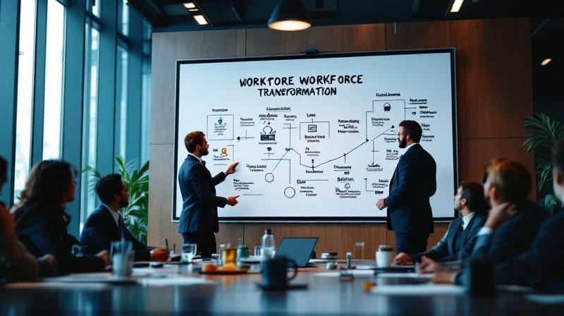 Blick in die Zentrale eines deutschen Konzerns mit HR-Führungskreis am Planungsboard