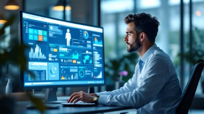 Verwaltungsmitarbeiterin einer Klinik arbeitet mit digitalem Patientendatenmanagement