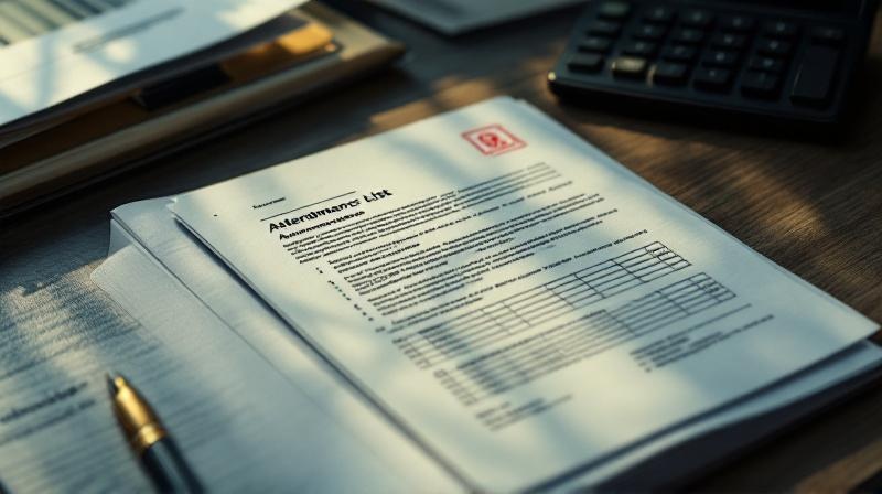 Schreibtisch mit unvollständiger Teilnahmeliste, Ablehnungsbescheid und Taschenrechner