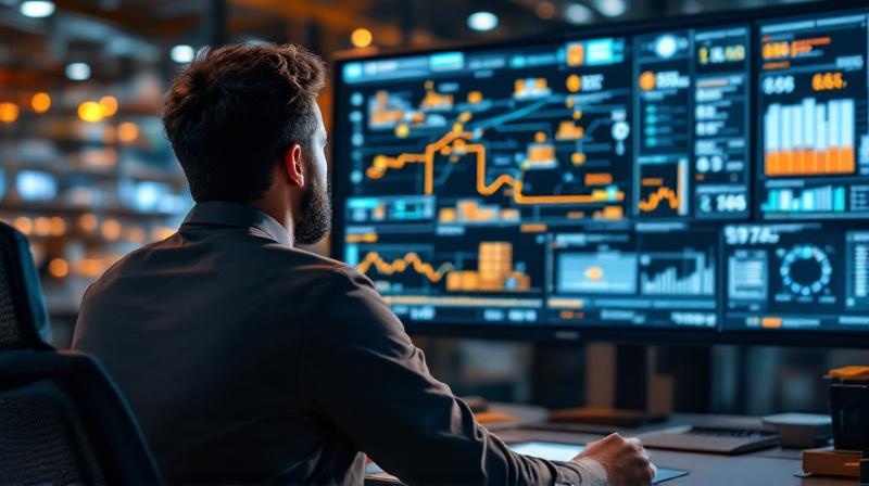 Logistikdisponent mit großem Übersichtsdisplay zu Sendungen und Routen