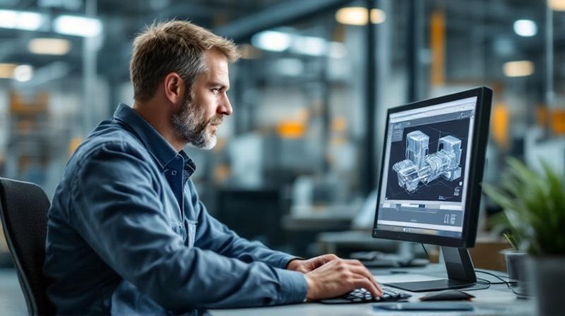 Konstrukteur am CAD-Bildschirm in einem mittelständischen Maschinenbauunternehmen