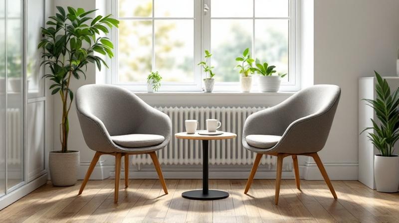 Zwei Stühle an einem runden Tisch in einem hellen Büro, Kaffeetassen und Notizblock