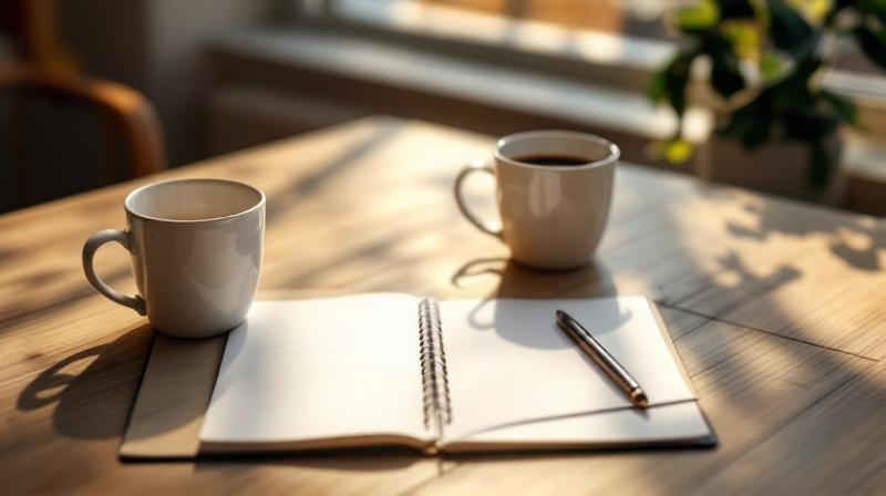 Zwei Kaffeetassen und ein Notizblock auf einem Gesprächstisch in einem hellen Büro