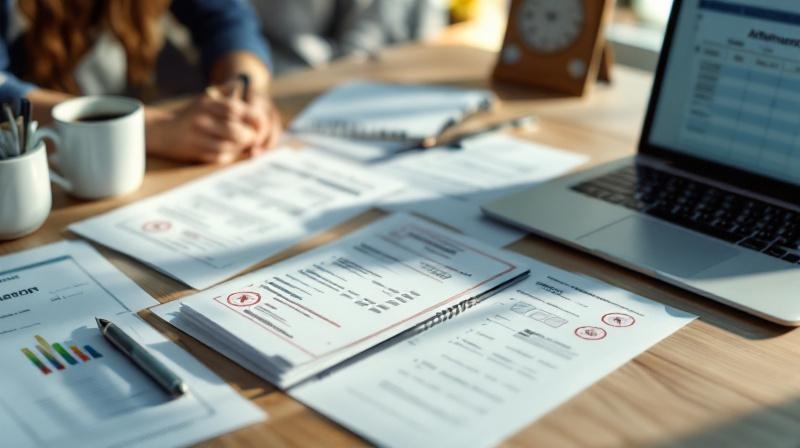Schreibtisch mit Teilnahmelisten, Bescheinigungen und einem Aktenordner für Förderdokumentation