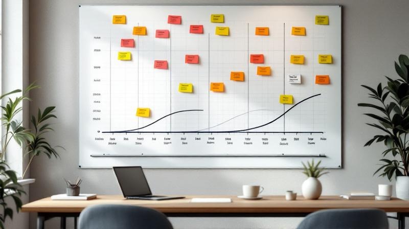 Projektplan mit mehreren Kohorten auf einem großen Whiteboard, farbige Karten in Wellen angeordnet