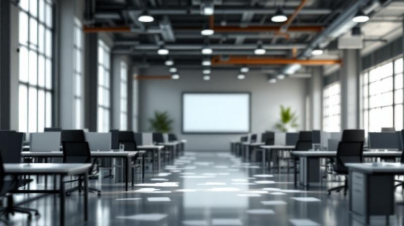 Werksraum mit leeren Arbeitsplätzen und geöffnetem Schulungsraum im Hintergrund
