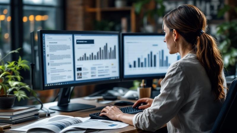 Redaktionsraum eines Medienhauses mit Redakteurin am Doppelmonitor und Printausgaben