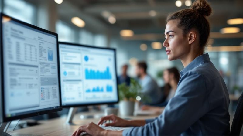 Versicherungssachbearbeiter im modernen Großraumbüro mit digitalen Schadenakten
