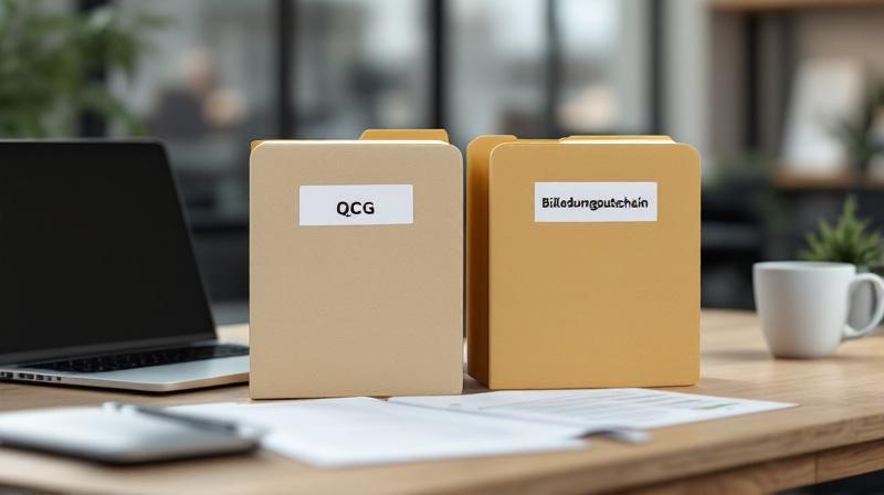 Zwei Aktenordner mit QCG und Bildungsgutschein nebeneinander auf Schreibtisch