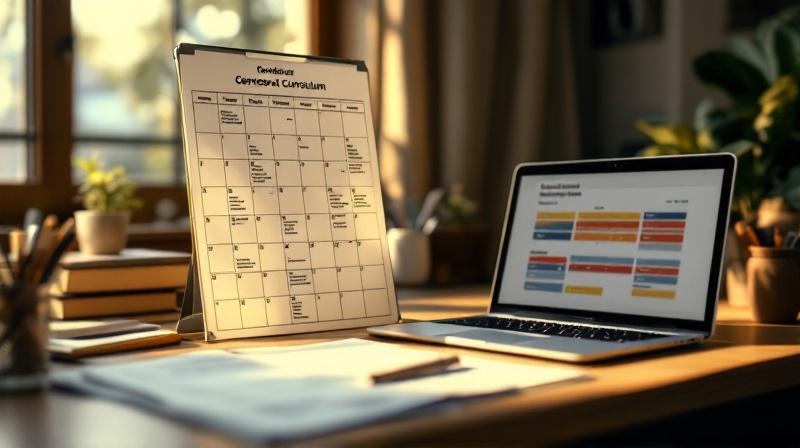 Stundenplan und Kalender auf einem Schreibtisch mit geöffnetem Laptop
