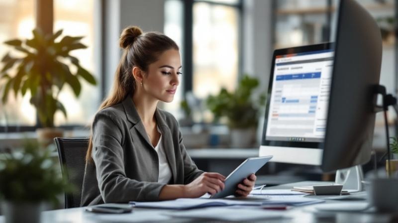 Zeitarbeitsdisponentin mit Kandidatenakten und Tablet im Büro