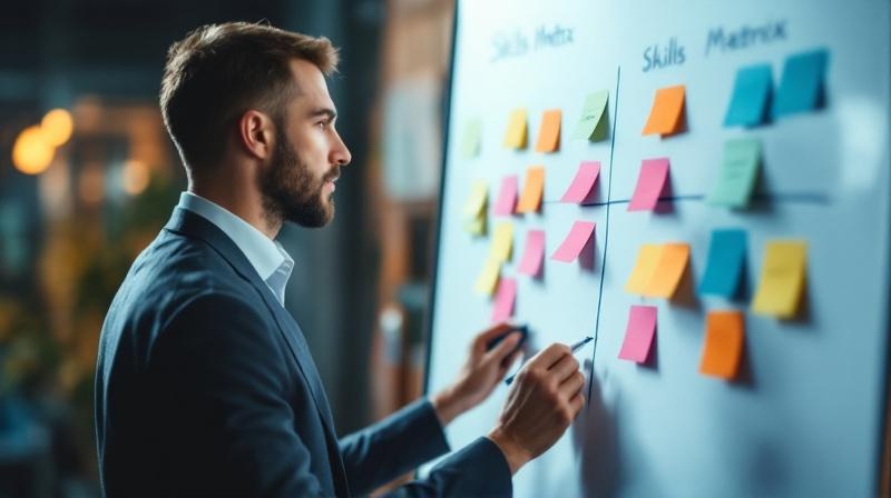 HR-Leiter analysiert Kompetenzmatrix auf einem Whiteboard mit Klebezetteln und Stiften
