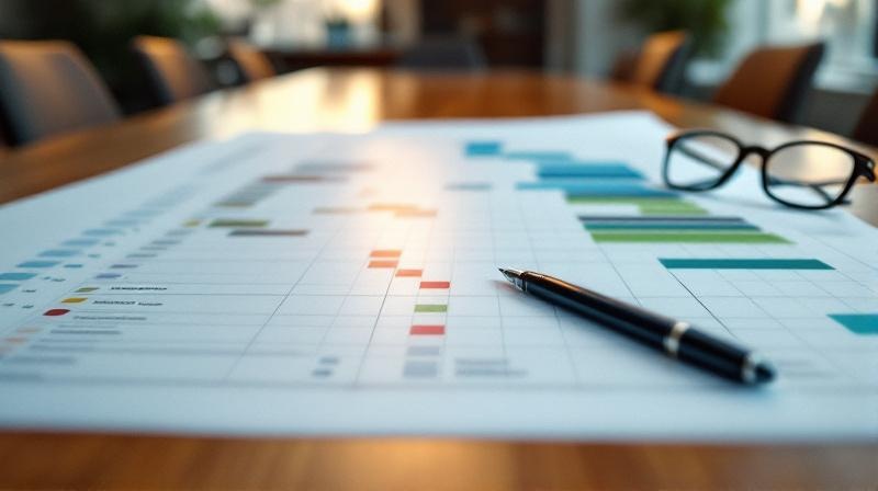 Gantt-Chart auf Papier mit Meilensteinen einer Restrukturierungsplanung