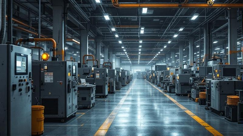 Industrielle Produktionshalle im Umbau, im Hintergrund moderne Fertigungsanlage