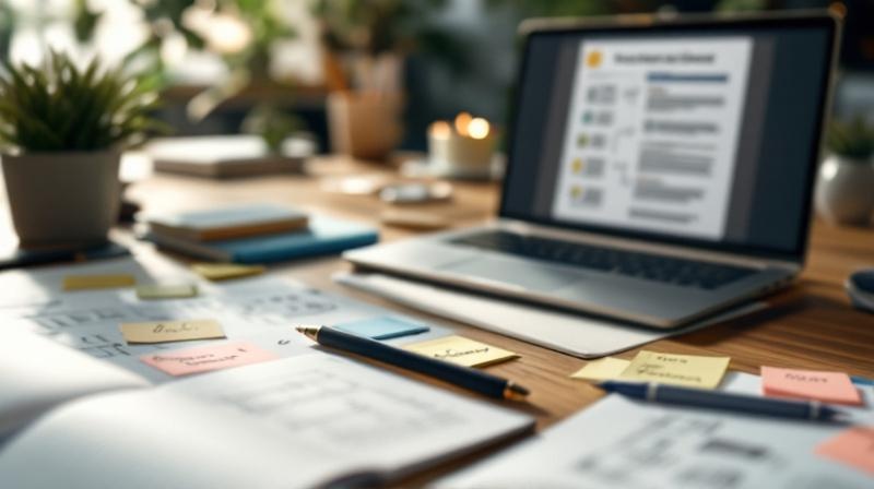 Arbeitsplatz mit Notizbuch, Laptop und Post-it-Notizen zu neuen Arbeitsmethoden